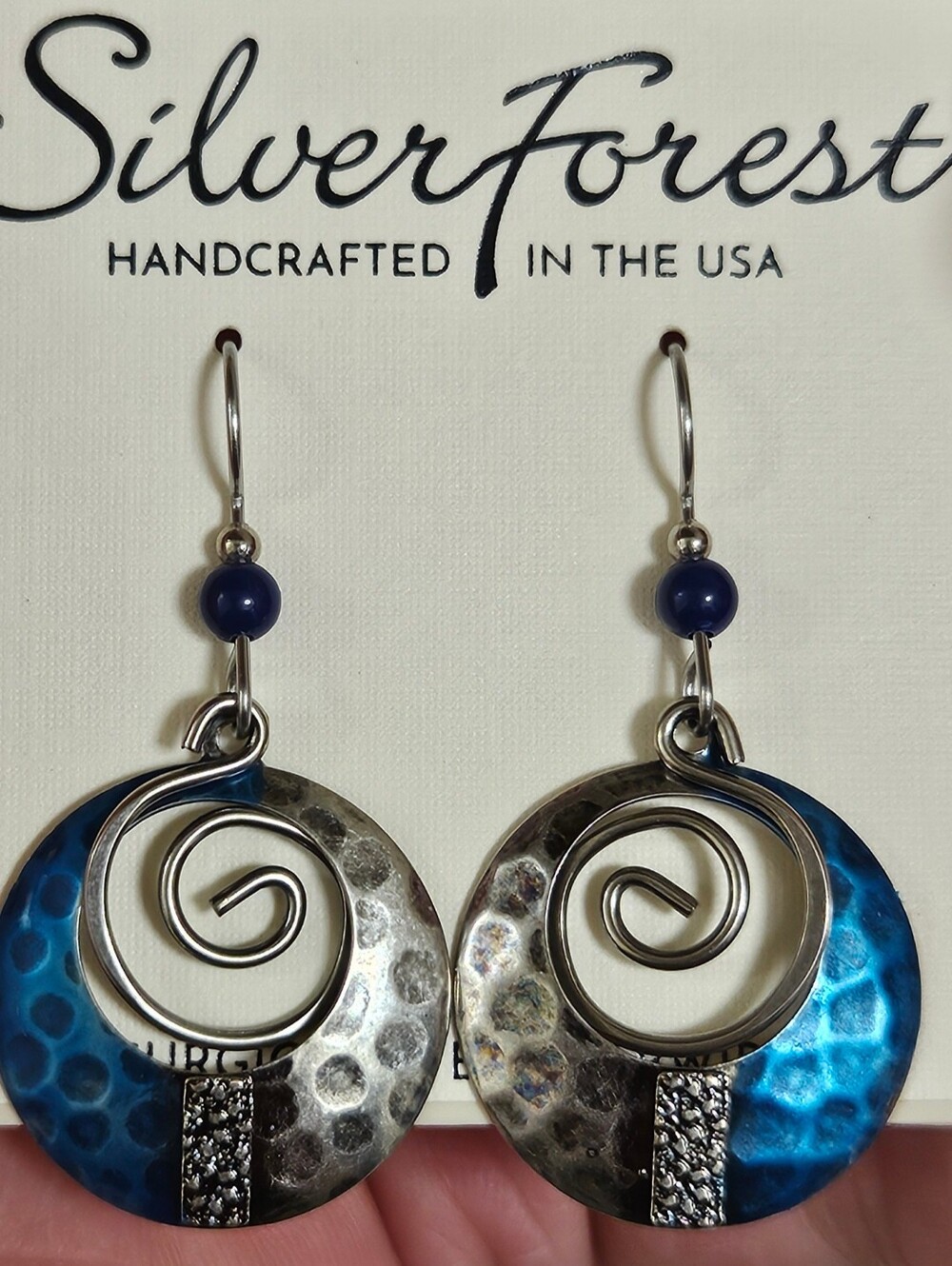 Silver Forest Earrings Silver, Blue Round With Swirls Surgical Steel
